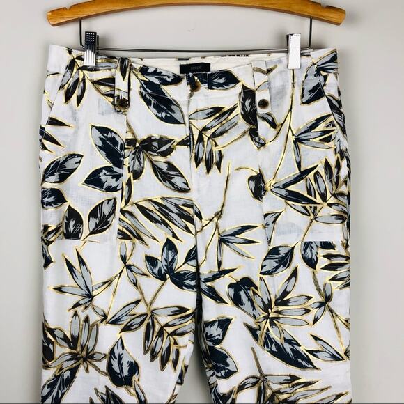 J Crew cream brown linen palm leaf tropical metallic ankle pants 10 - Picture 2 of 7